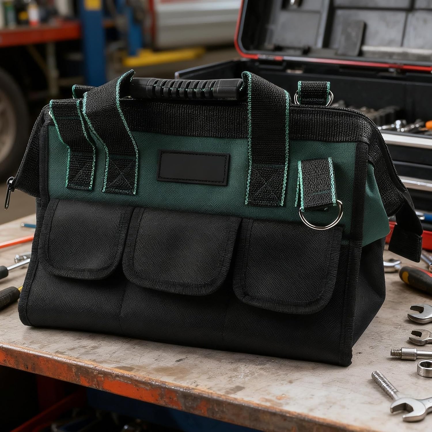  Sac à Outils Robuste Vert De 40,6 Cm Avec Plusieurs Compartiments Et Sangle Rembourrée Pour Un Transport Facile (B)