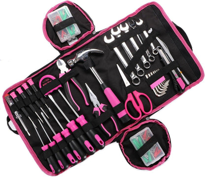  HOME PINK 26 | Kit D’outils 26 Pièces | Étui Textile Rose à Fermeture éclair | Réparations Domestiques