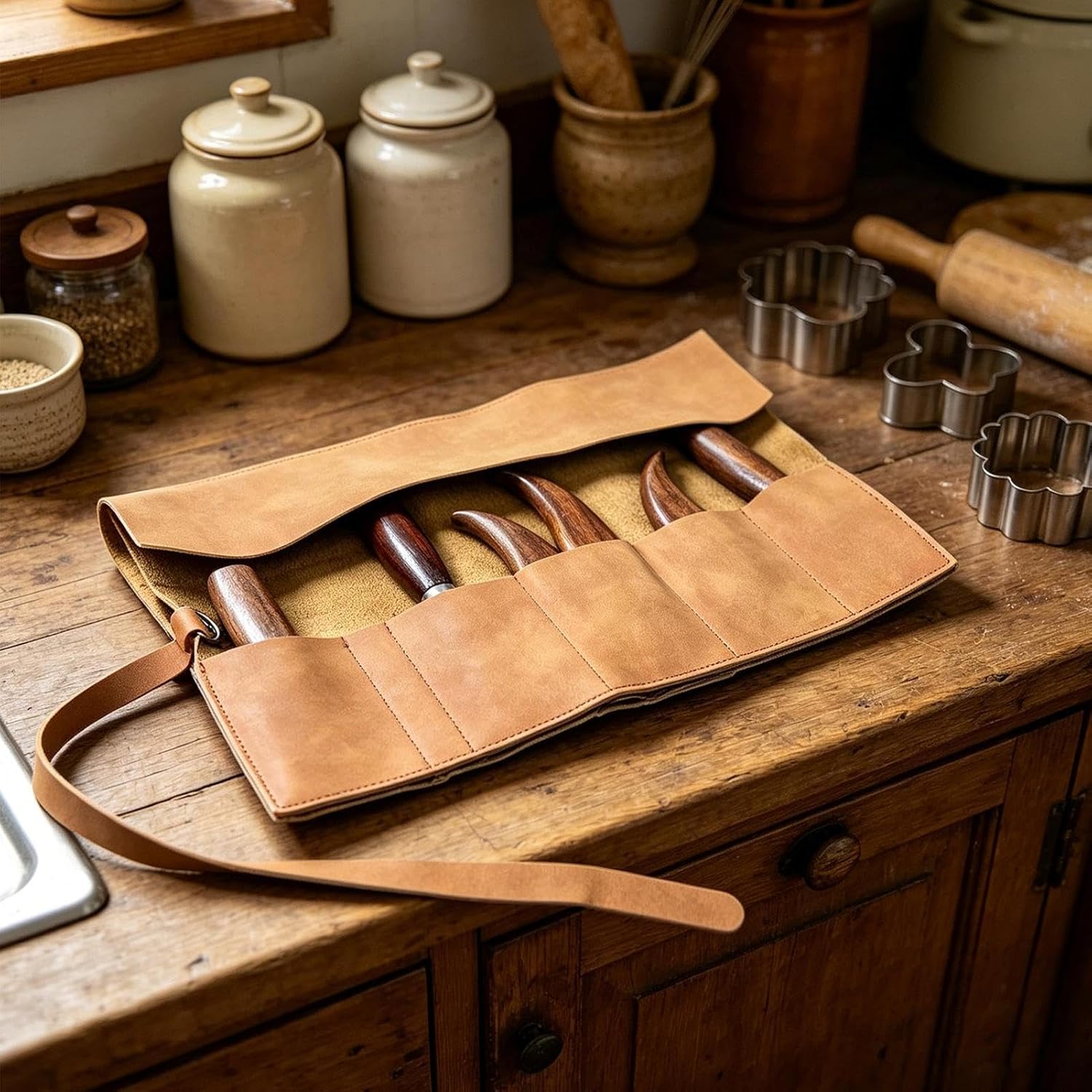 GENERIC Rouleau à Outils En Cuir, Pochette De Rangement Portable, 39 X 24 Cm, Sac De Rangement En Cuir Synthétique Avec 5 Emplacements, Porte-outils De Style Rétro, Style Utilitaire Professionnel Minimal