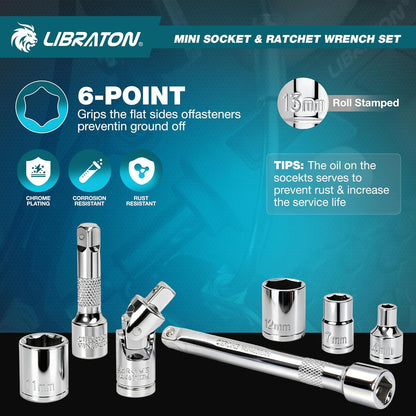  LIBRATON Ensemble De Cliquet Et De Douilles Mini 37 Pièces Avec Entraînement De 10,2 Mm, Embouts De 4–13 Mm, Manche Magnétique, Barres D’extension Et Joint Universel, Avec étui De Rangement Pour