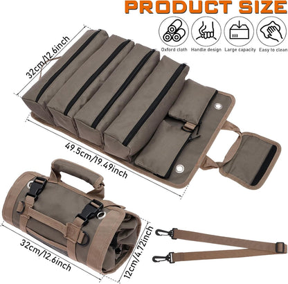  Sac à Outils Enroulable Robuste En Tissu Oxford Multi-poches Avec Poignée De Transport, Porte-clé Portable Pour Charpentier, Plombier, Maison, Atelier, Garage (vert Militaire)