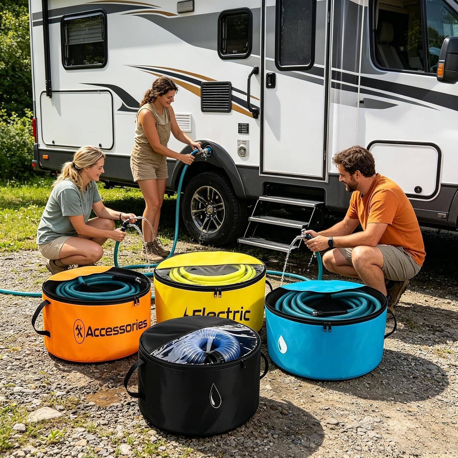  Sac Rangement Pour Tuyau D'Eau Camping-Car,Lot De 4 Organisateurs Imperméables Robustes - Sac Tuyau Évacuation Fenêtre Transparente Double Fermeture Éclair | Pour Câbles Électriques Et Outils