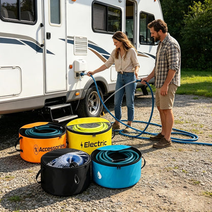  Sac Rangement Pour Tuyau D'Eau Camping-Car,Lot De 4 Organisateurs Imperméables Robustes - Sac Tuyau Évacuation Fenêtre Transparente Double Fermeture Éclair | Pour Câbles Électriques Et Outils