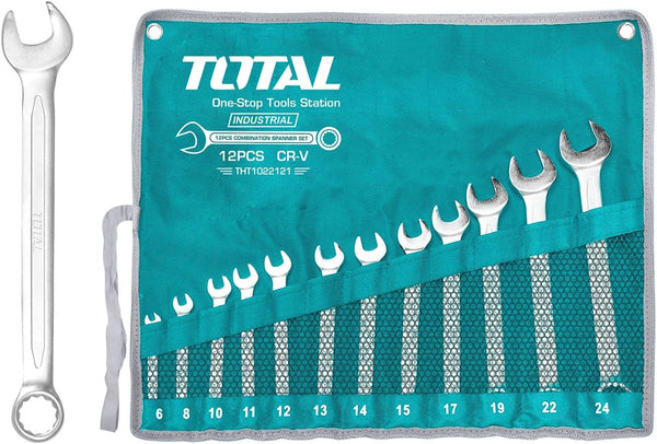  Total Tools - Sac Avec 12 Clés Mixtes | Mesures De 6 à 24 Mm | Clé Fixe Et Clé Coudée | Pour Serrer Ou Desserrer Les écrous Et Les Vis à Tête Hexagonale | Fabriqué En Chrome Vanadium