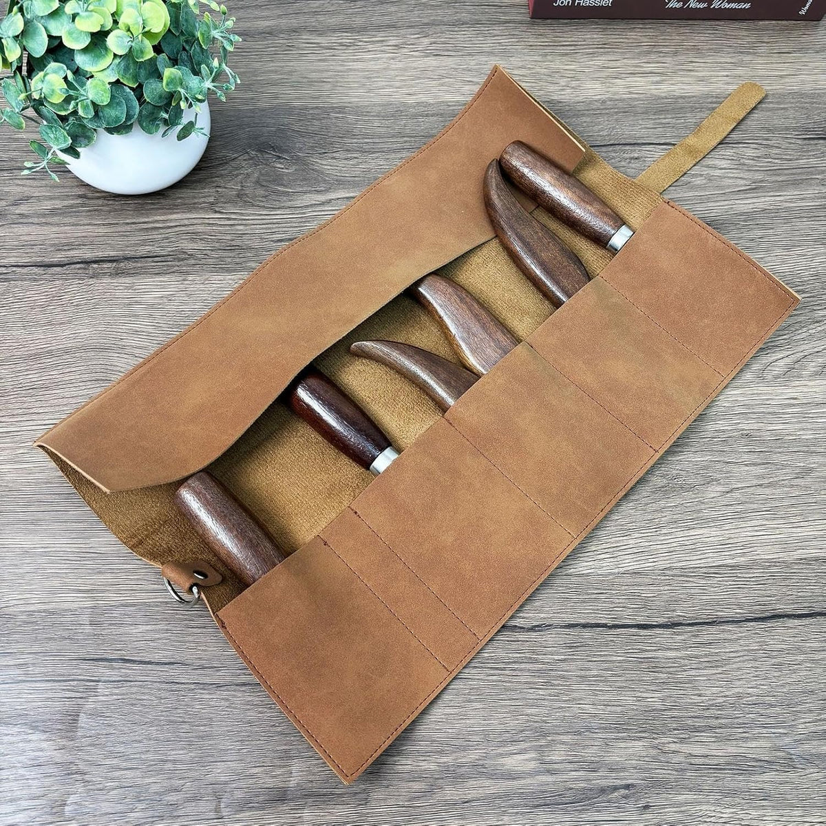 GENERIC Rouleau à Outils En Cuir, Pochette De Rangement Portable, 39 X 24 Cm, Sac De Rangement En Cuir Synthétique Avec 5 Emplacements, Porte-outils De Style Rétro, Style Utilitaire Professionnel Minimal