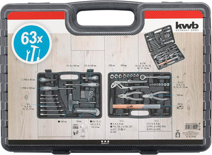  Mallette à Outils KWB En Plastique Dur Et Robuste De 63 Outils De Qualité Supérieure. Equipement Essentiel Pour Les Usages Quotidien Et/ou D'atelier